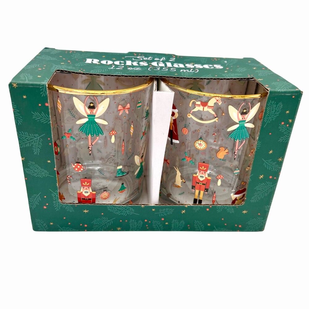 NIB NORDSTROM SET OF 2 CHRISTMAS HOLIDAY NUTCRACKER SUITE GOLD RIM ROCKS GLASSES